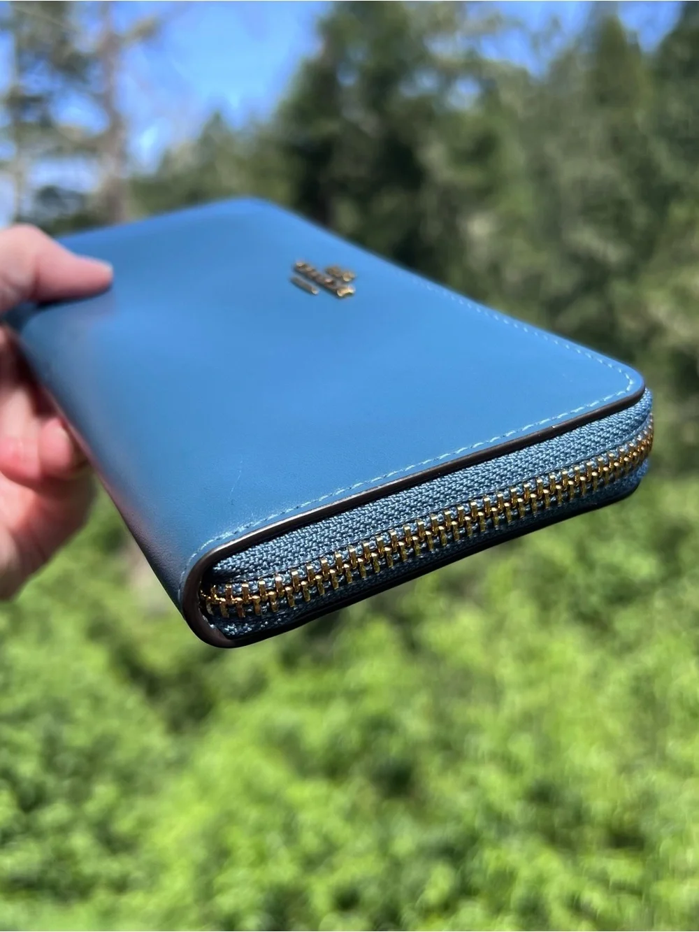 COACH Long Zip-Around Smooth Leather Wallet Blue w Gunmetal Hardware AUTHENTIC
